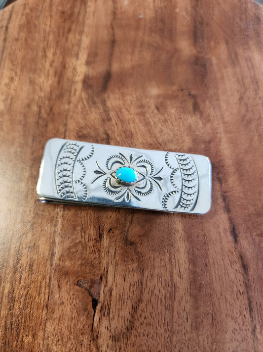 Stamped Sterling Silver Money Clip w/Turquoise Stone