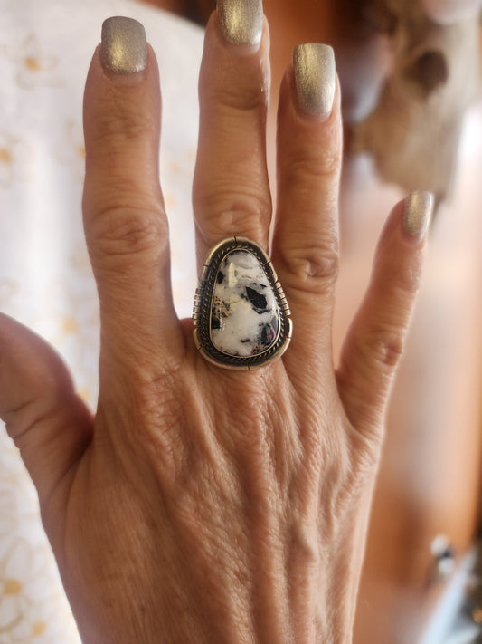 Triangular White Buffalo Ring with Sterling Sawtooth Accent