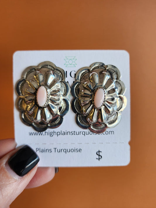 High Shine Sterling Concho Earrings with Pink Conch Stone