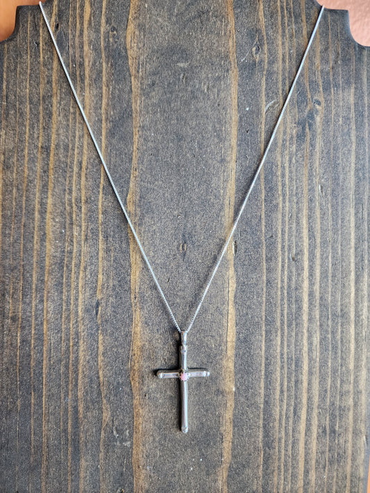 Sterling Silver Pink Conch Cross Pendant Necklace