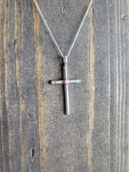 Sterling Silver Pink Conch Cross Pendant Necklace
