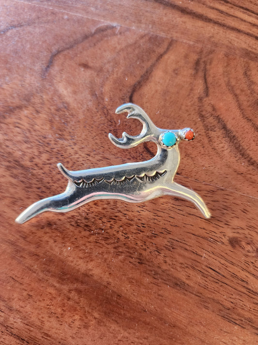 Stamped Sterling Silver Reindeer Pin with Turquoise and Coral accents