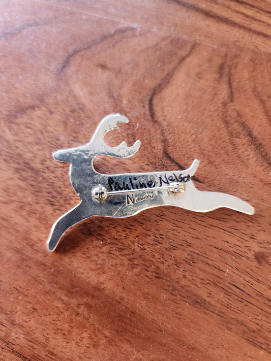 Stamped Sterling Silver Reindeer Pin with Turquoise and Coral accents