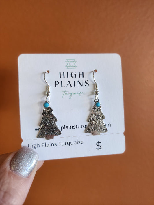 Petite Stamped Sterling Christmas Tree Earrings with Turquoise Stone