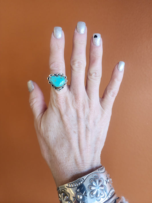 Kingman Turquoise Heart Ring with Sterling Scalloped Band