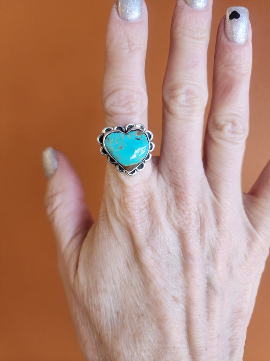 Kingman Turquoise Heart Ring with Sterling Scalloped Band