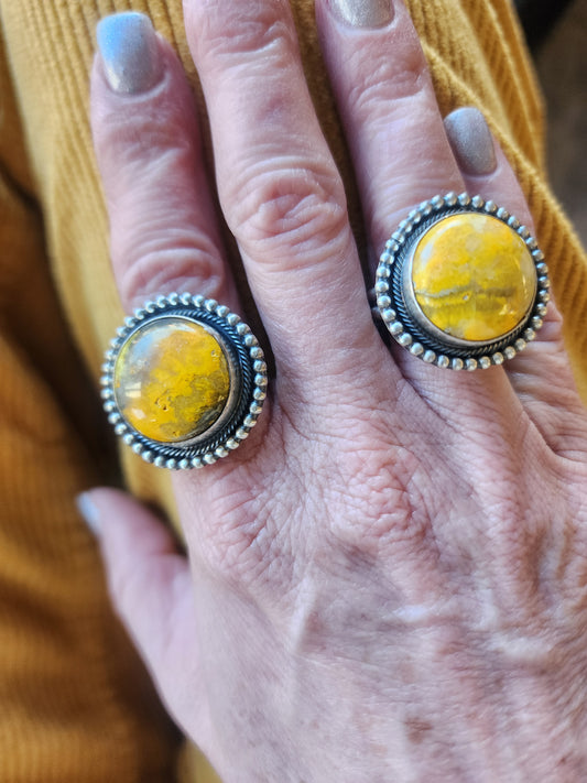 Bumblebee Jasper Ring with Sterling Beaded Band