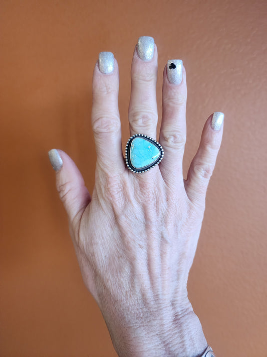 Royston Turquoise Triangular Ring with Sterling Beaded Band