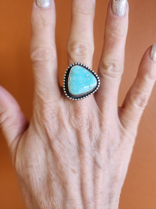 Royston Turquoise Triangular Ring with Sterling Beaded Band