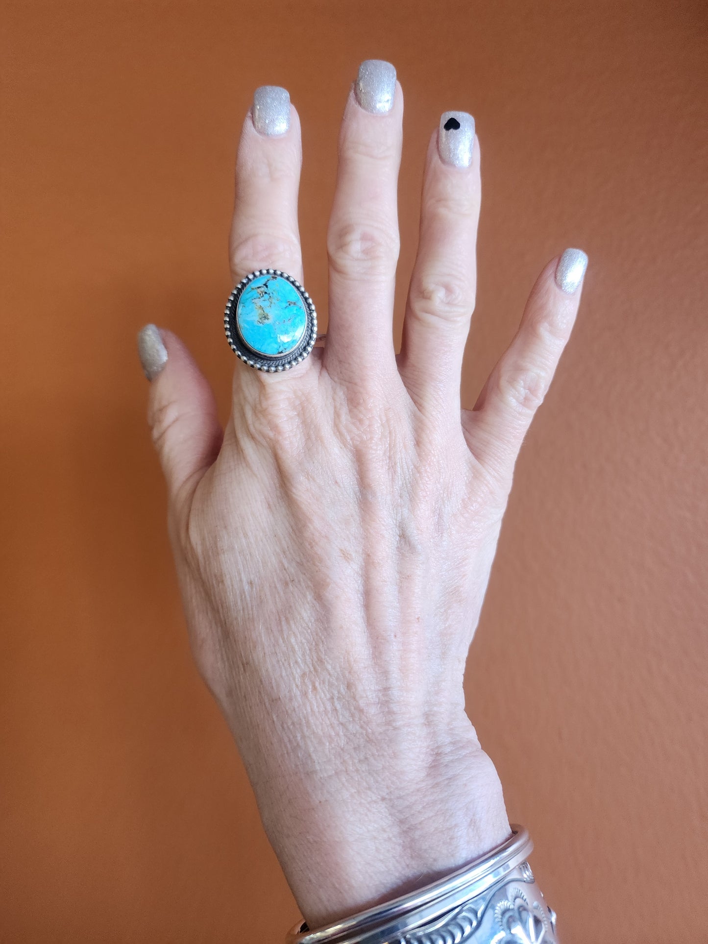 Kingman Turquoise Ring with Sterling Beaded Band