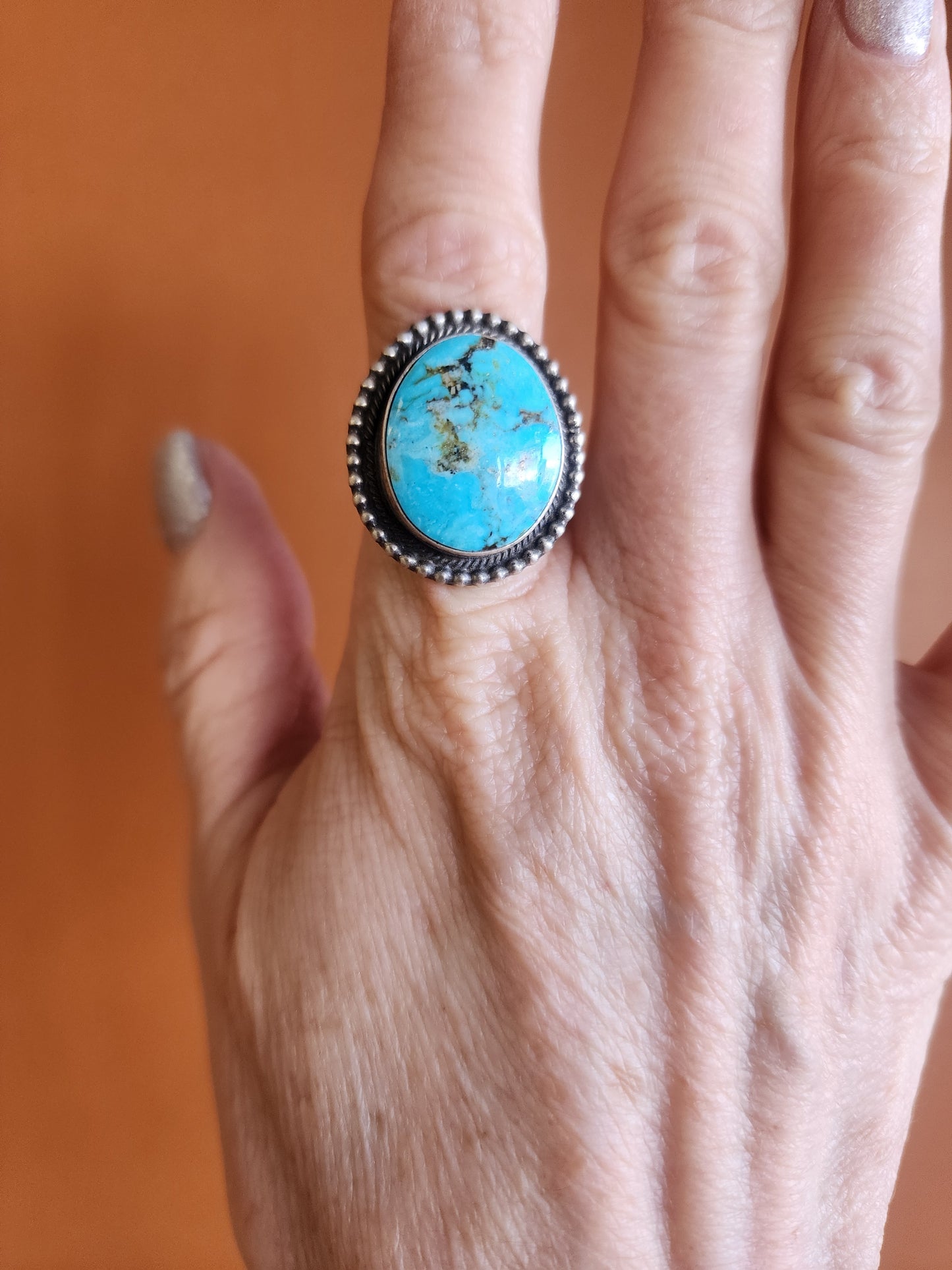 Kingman Turquoise Ring with Sterling Beaded Band