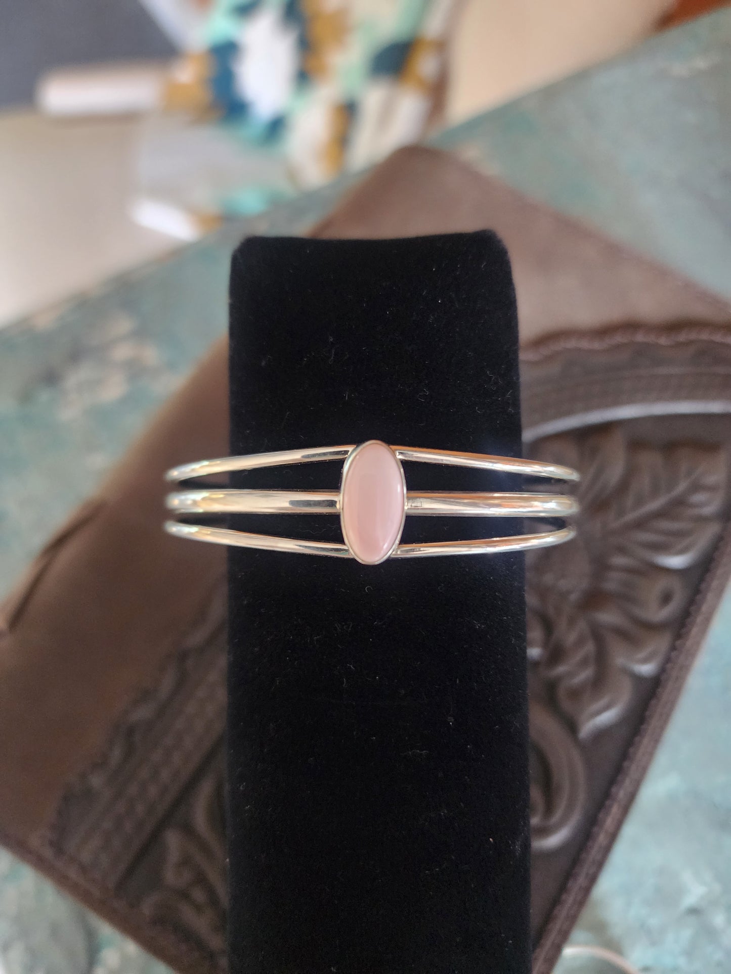 Sterling Silver Open Cuff with Pink Conch accent