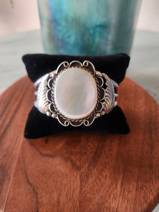 Vintage Mother of Pearl Cuff Bracelet with Sterling Silver accents
