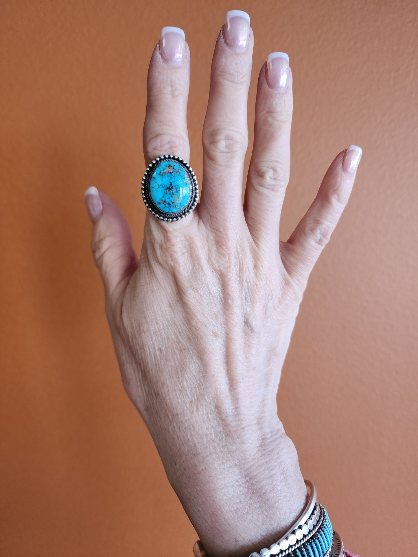 Sonoran Gold Turquoise Ring with Twist Wire and Beaded Band