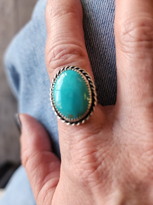 Kingman Turquoise Ring with Sterling Silver rope accent