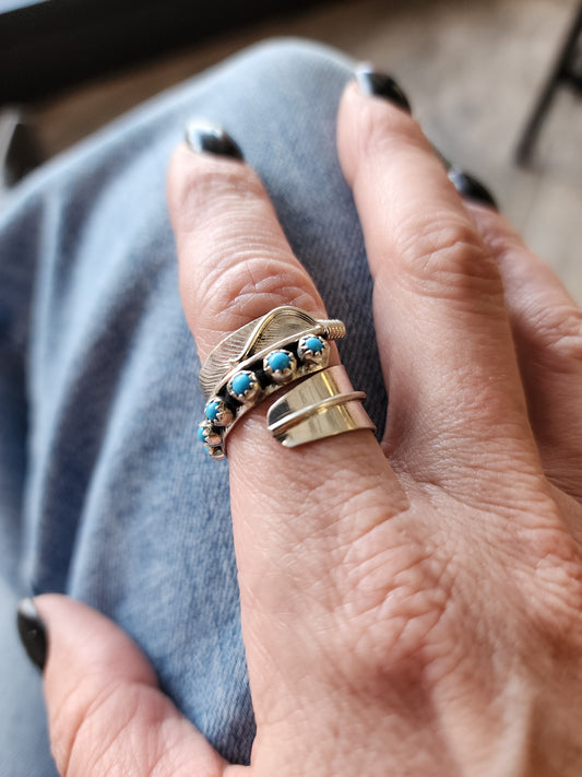 Adjustable 11-Stone Turquoise Feather Ring