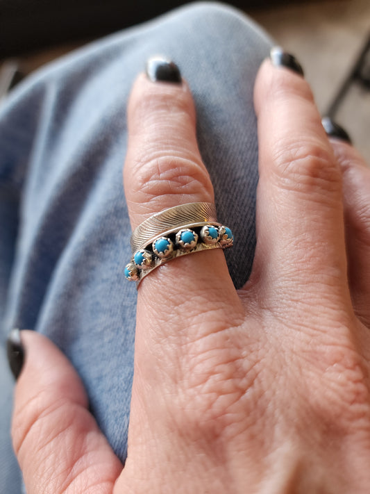 Adjustable 11-Stone Turquoise Feather Ring