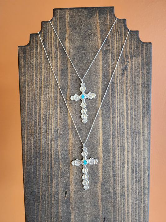 Navajo Stamped Sterling Silver Kingman Cross Pendant Necklace