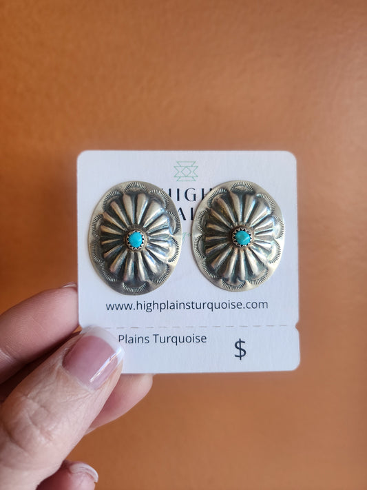 Repousse Sterling Silver Oval Concho Earrings with Turquoise accents
