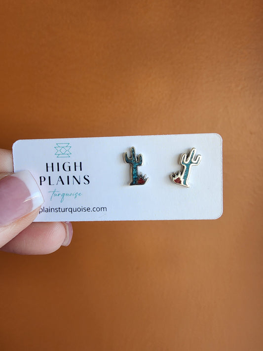 Turquoise and Coral Inlay Saguaro Cactus Earrings