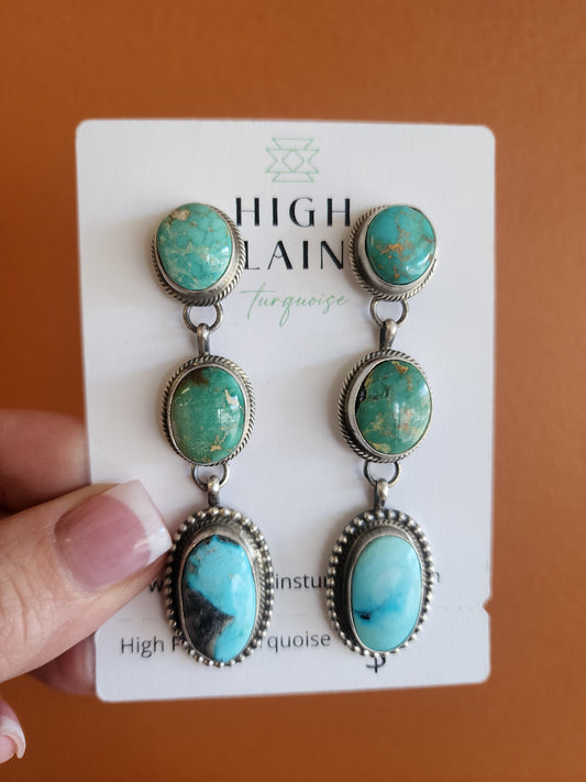 3-Stone Royston and Blue Ridge Turquoise Statement Earrings