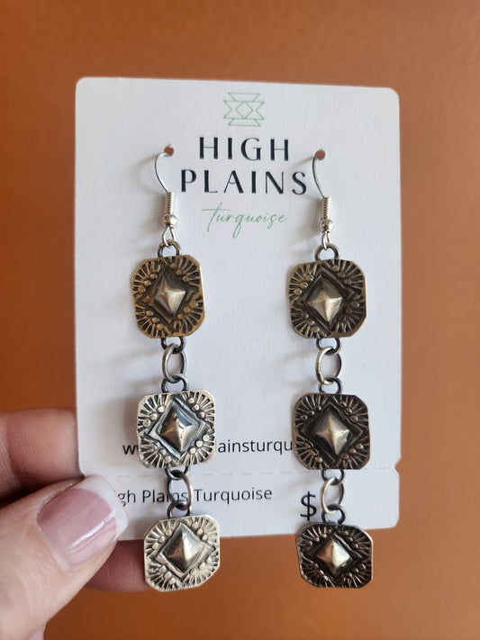 Stamped Sterling Silver Square Concho Earrings