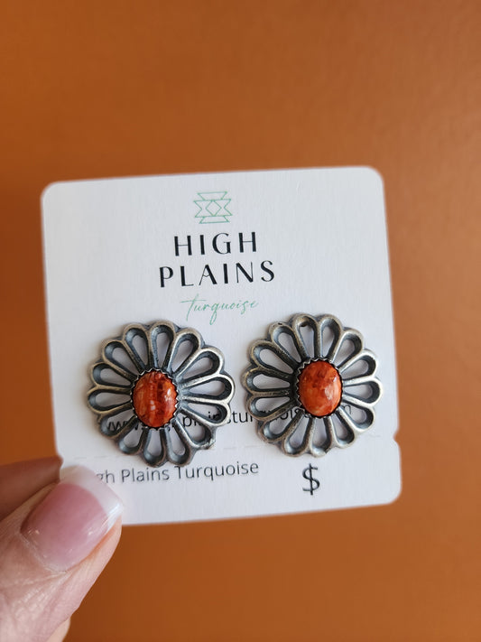 Sandcast and Spiny Concho Flower Earrings