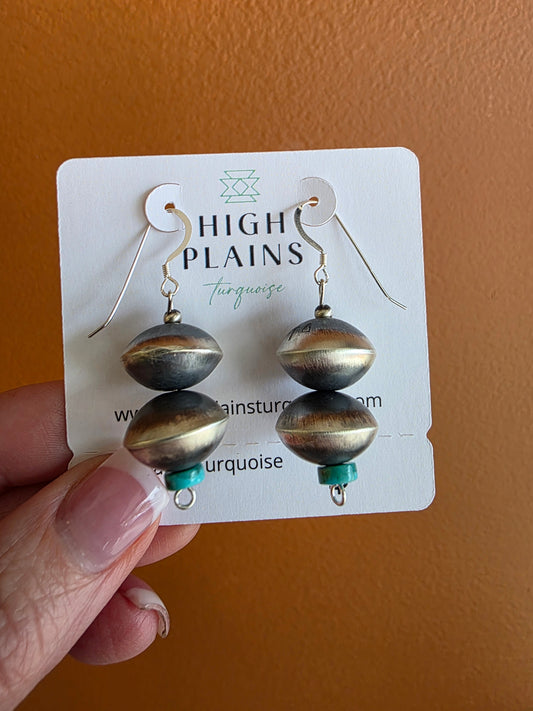 Large Sterling Silver Saucer Bead Earrings with Kingman Accent