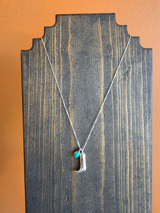 Solid Sterling Silver Cowboy Boot and Turquoise Pendant Necklace