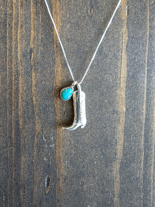 Solid Sterling Silver Cowboy Boot and Turquoise Pendant Necklace