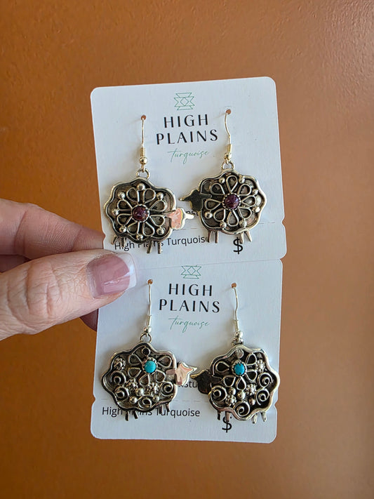 Sterling Silver Floral Pattern Sheep Earrings with Stone Accent