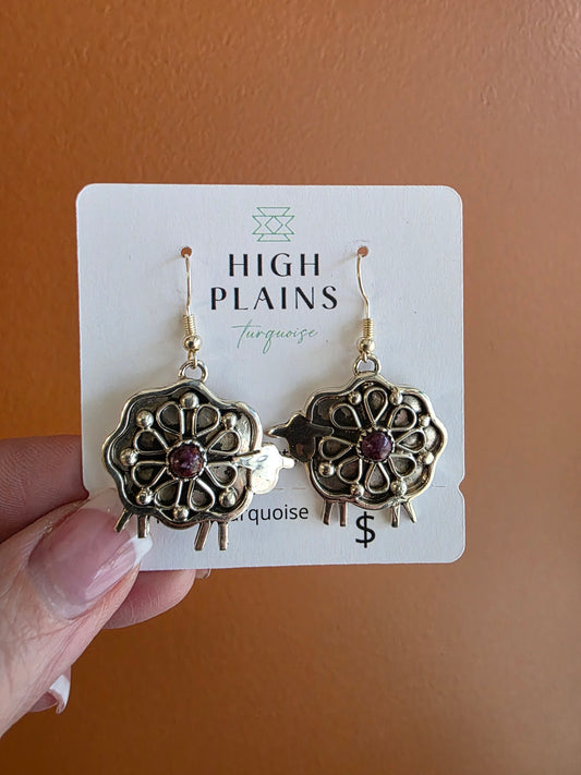 Sterling Silver Floral Pattern Sheep Earrings with Stone Accent