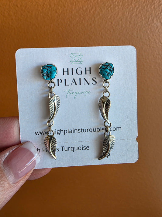 Kingman Turquoise Double Sterling Feather Earrings