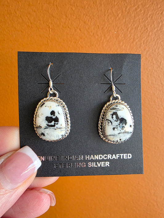 White Buffalo Earrings with Sterling Silver Rope Accent