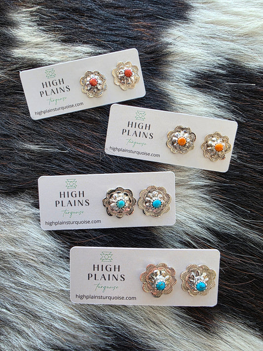 Petite Hand Stamped Sterling Silver Conch Earrings with Stone Accent