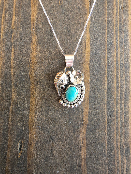 Sterling Silver Floral Pendant Necklace with Kingman Turquoise