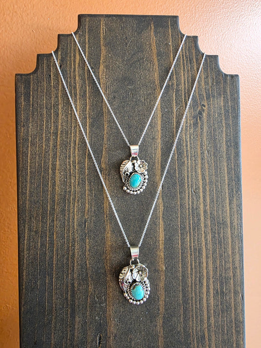 Sterling Silver Floral Pendant Necklace with Kingman Turquoise