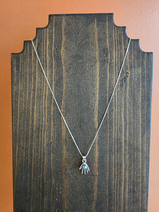 Sterling Silver Healers Hand Pendant Necklace with Turquoise Accent