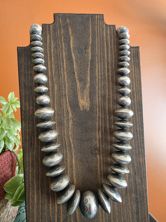 Handmade Hand Stamped Sterling Silver Graduated Navajo Pearls - 31"