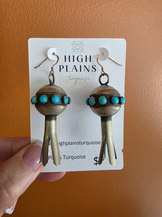 Brushed Sterling Silver Large Squash Blossom Earrings w/Turquoise accent