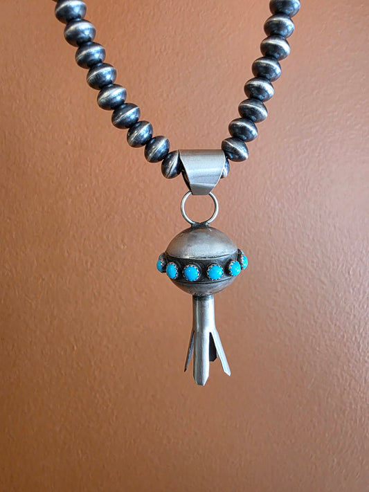 Monica Smith Brushed Sterling Silver Squash Pendant with Turquoise accent