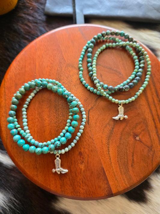 Triple Turquoise Stretch Bracelet with Sterling Cowboy Boot Charm