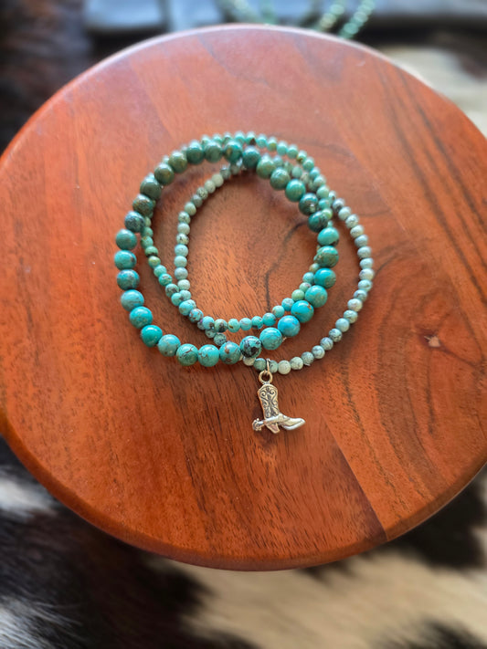 Triple Turquoise Stretch Bracelet with Sterling Cowboy Boot Charm