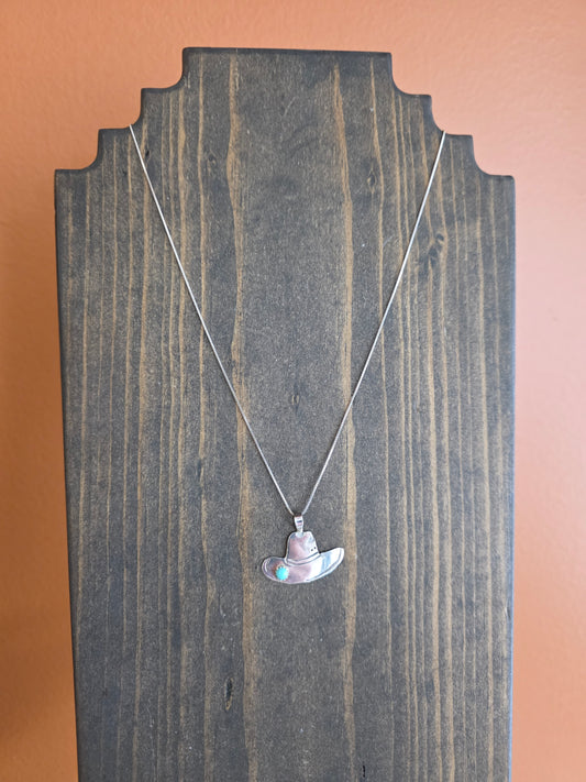 Sterling Silver Cowboy Hat Necklace with Blue Turquoise Accent