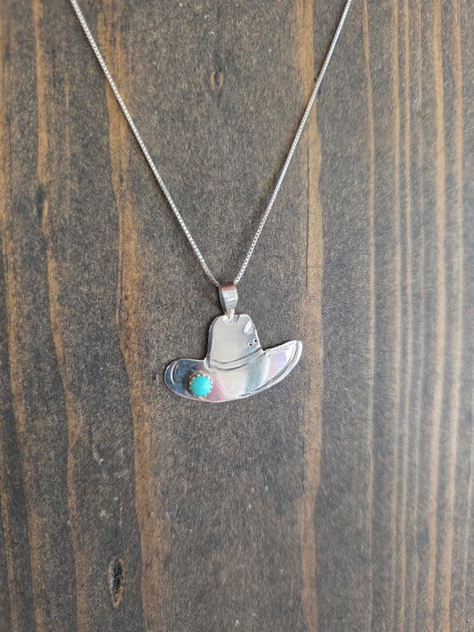 Sterling Silver Cowboy Hat Necklace with Blue Turquoise Accent