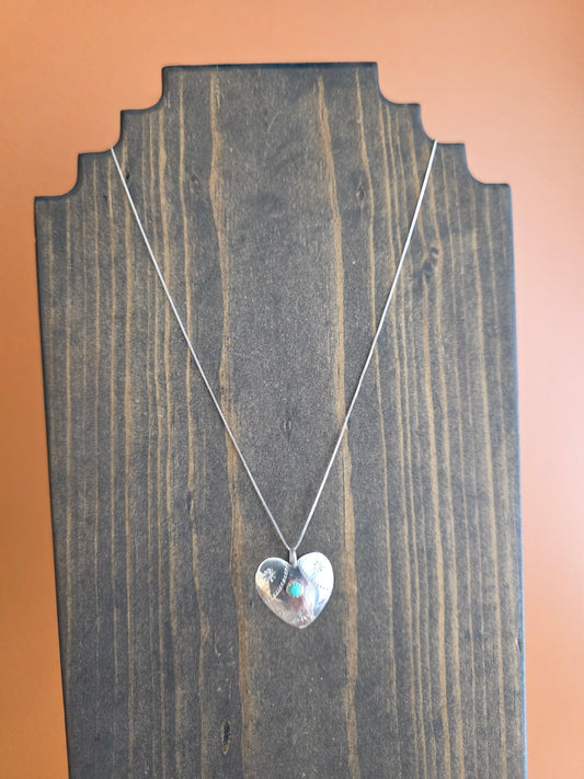Stamped Sterling Silver Heart Pendant Necklace with Green Turquoise Accent