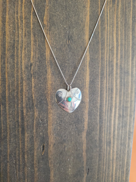 Stamped Sterling Silver Heart Pendant Necklace with Green Turquoise Accent