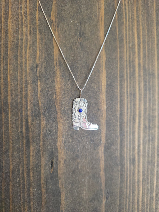 Stone Accent Stamped Sterling Silver Boot Pendant Necklace