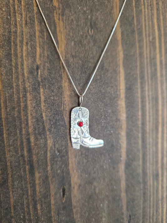 Stone Accent Stamped Sterling Silver Boot Pendant Necklace