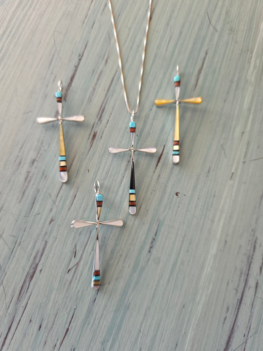 Zuni Turquoise Shell Silver Inlay Cross Pendant Necklace